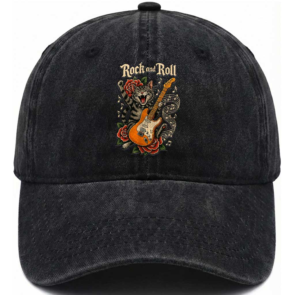 Funny Rock Star Cat Playing Electric Guitar Washed Cotton Baseball Cap Music Lover