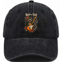 Funny Rock Star Cat Playing Electric Guitar Washed Cotton Baseball Cap Music Lover