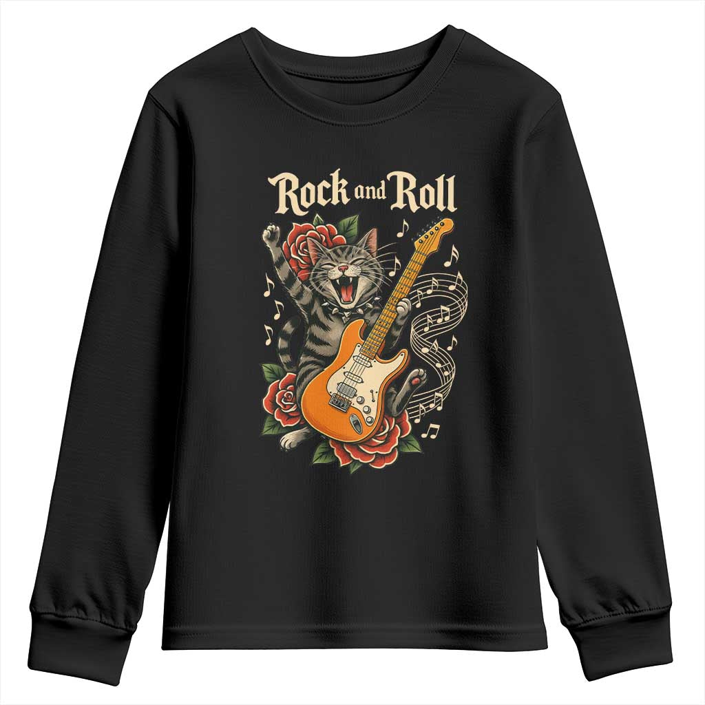 Funny Rock Star Cat Playing Electric Guitar Youth Sweatshirt Music Lover - Wonder Print Shop