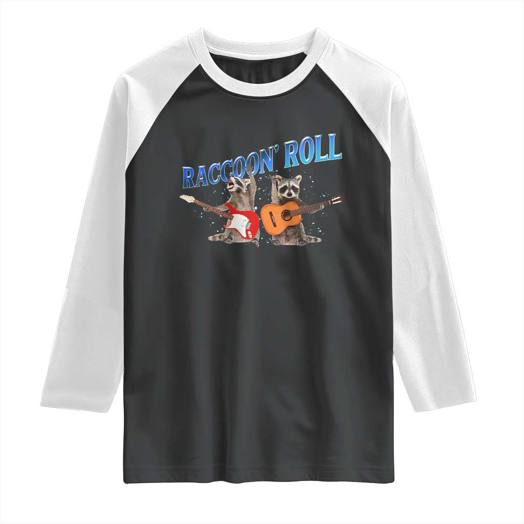 Raccoon Rock And Roll Raglan Shirt Funny Rock Band Playing Guitar Electric Music Lover - Wonder Print Shop