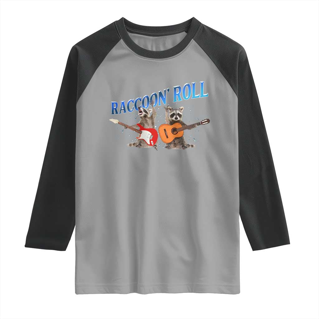 Raccoon Rock And Roll Raglan Shirt Funny Rock Band Playing Guitar Electric Music Lover - Wonder Print Shop