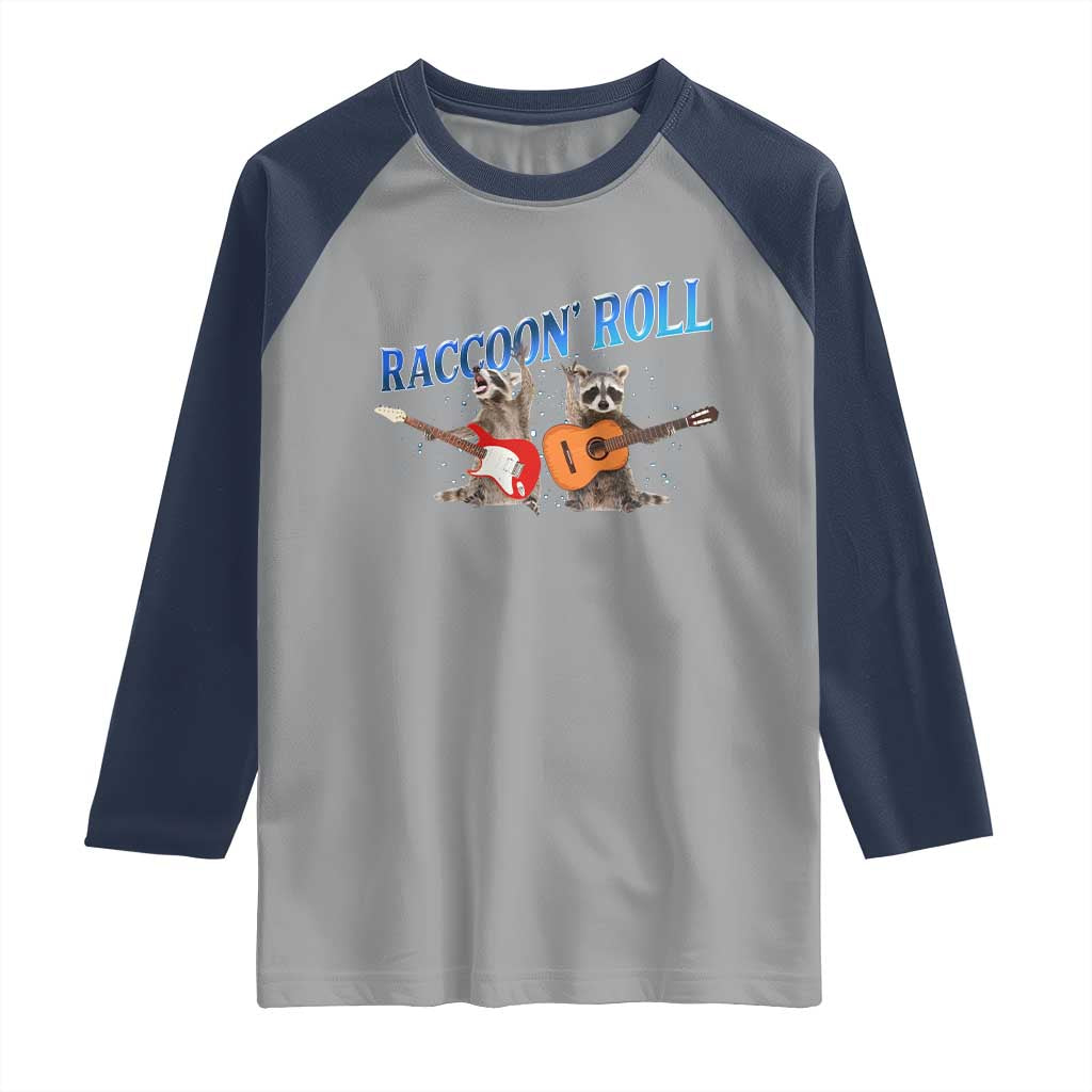 Raccoon Rock And Roll Raglan Shirt Funny Rock Band Playing Guitar Electric Music Lover - Wonder Print Shop