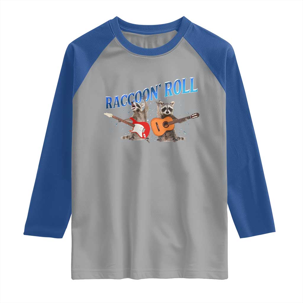 Raccoon Rock And Roll Raglan Shirt Funny Rock Band Playing Guitar Electric Music Lover - Wonder Print Shop