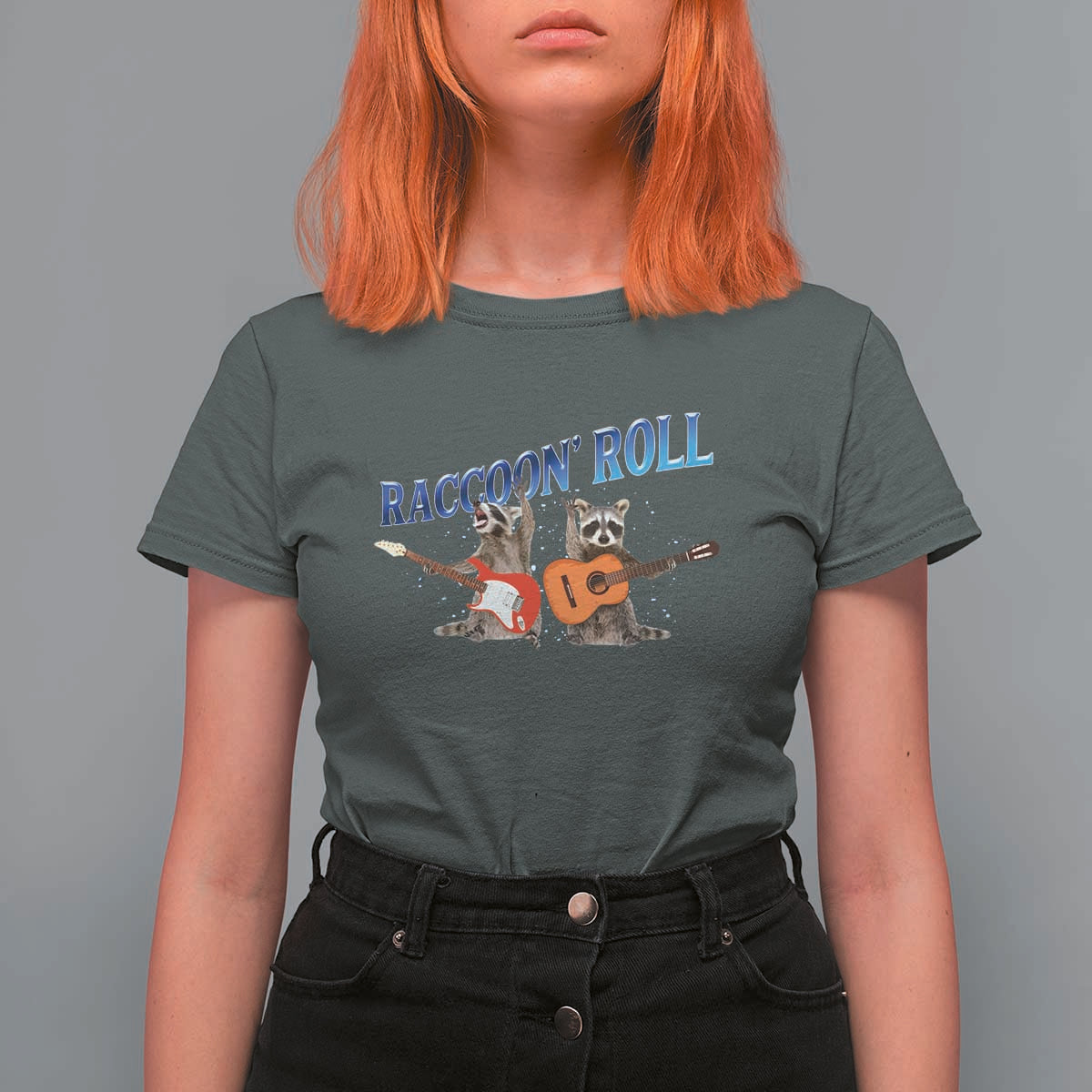 Raccoon Rock And Roll T Shirt For Women Funny Rock Band Playing Guitar Electric Music Lover - Wonder Print Shop