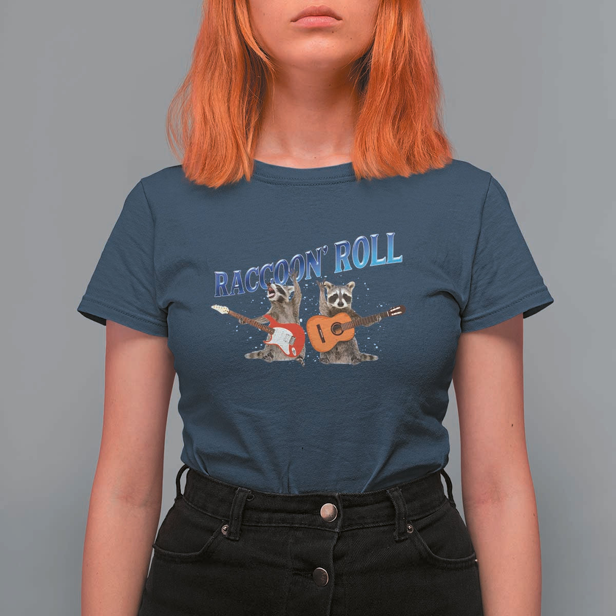Raccoon Rock And Roll T Shirt For Women Funny Rock Band Playing Guitar Electric Music Lover - Wonder Print Shop