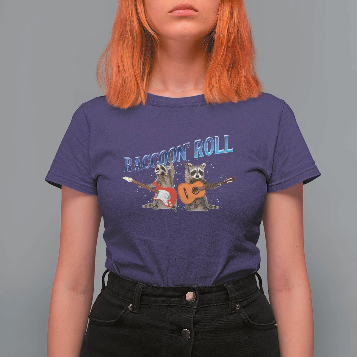 Raccoon Rock And Roll T Shirt For Women Funny Rock Band Playing Guitar Electric Music Lover - Wonder Print Shop