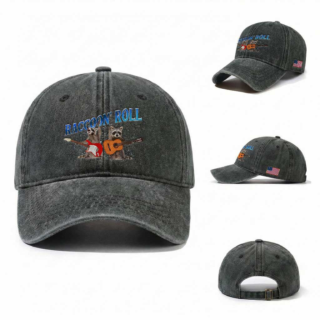 Raccoon Rock And Roll Washed Cotton Baseball Cap Funny Rock Band Playing Guitar Electric Music Lover