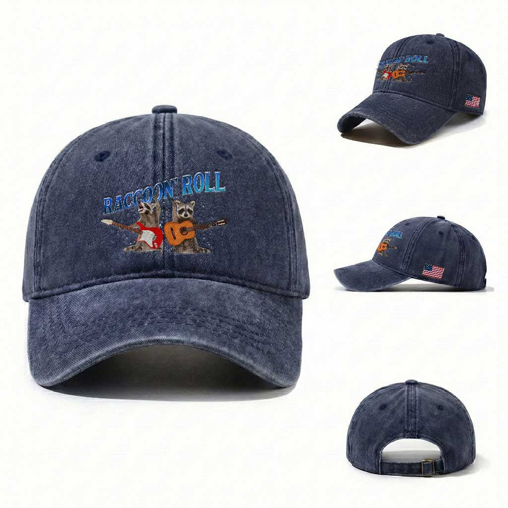 Raccoon Rock And Roll Washed Cotton Baseball Cap Funny Rock Band Playing Guitar Electric Music Lover