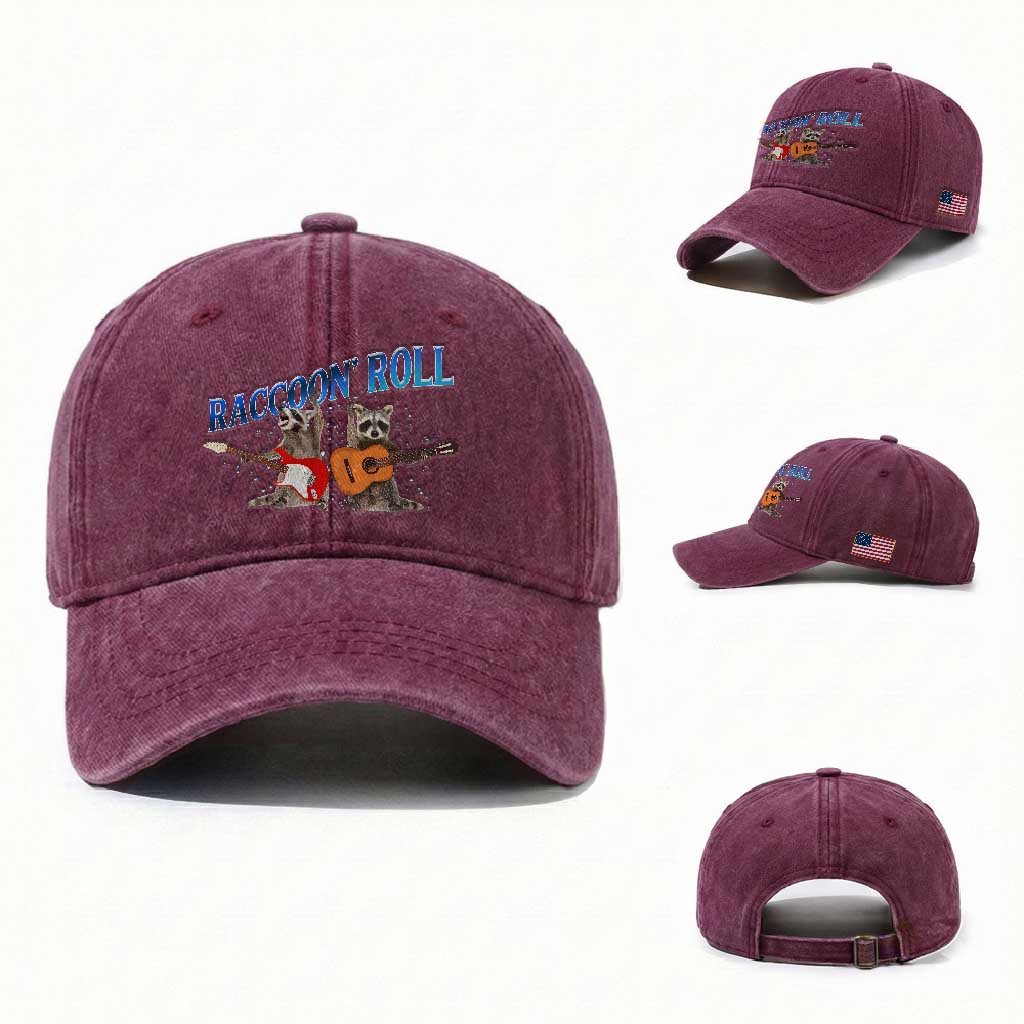 Raccoon Rock And Roll Washed Cotton Baseball Cap Funny Rock Band Playing Guitar Electric Music Lover