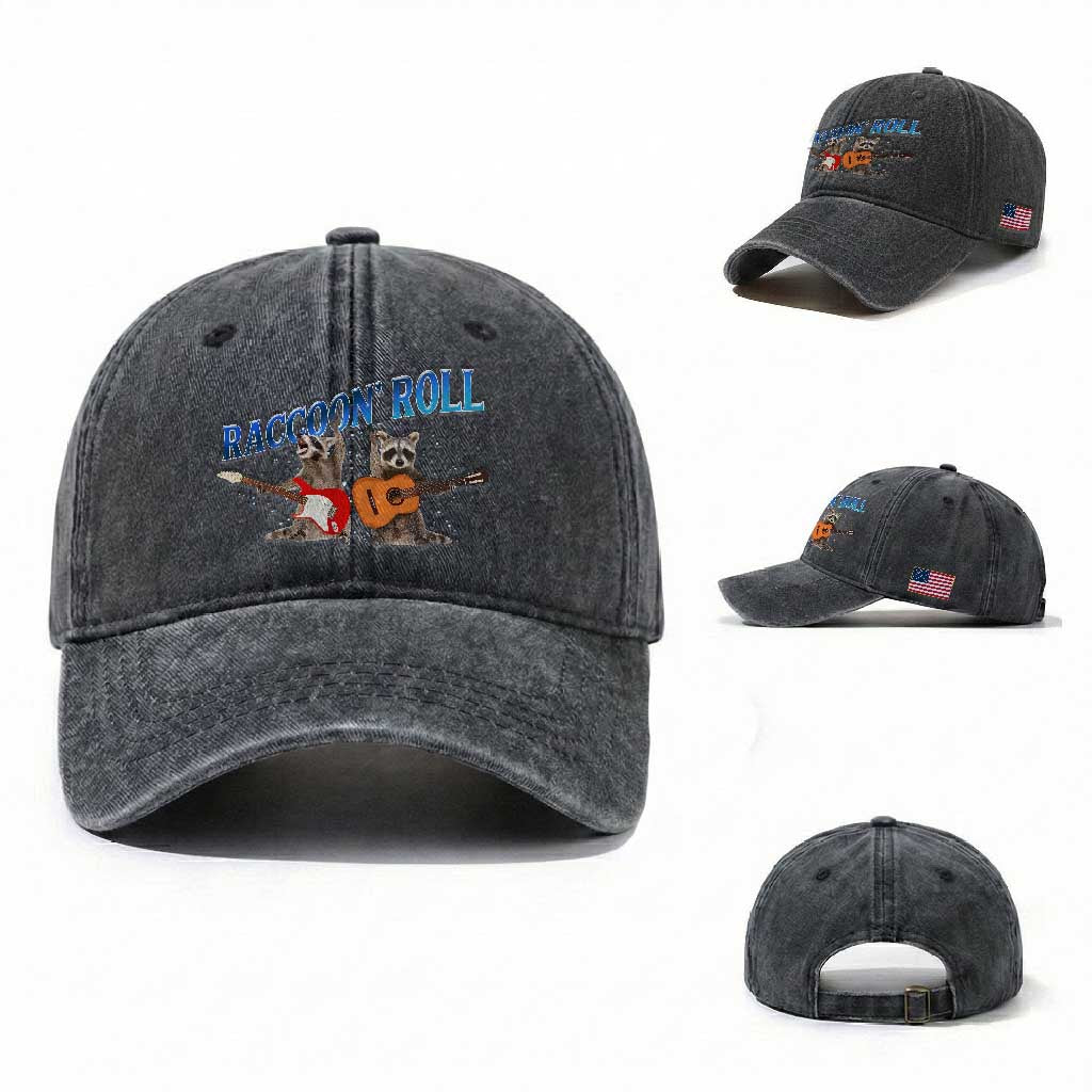Raccoon Rock And Roll Washed Cotton Baseball Cap Funny Rock Band Playing Guitar Electric Music Lover