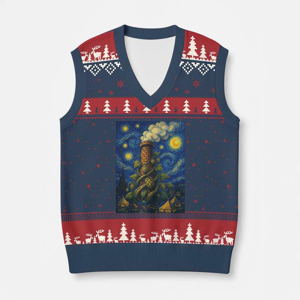 Starry Night Hops Brewery V-Neck Knit Sweater Vest Vintage Hops Beer Lover Painterly
