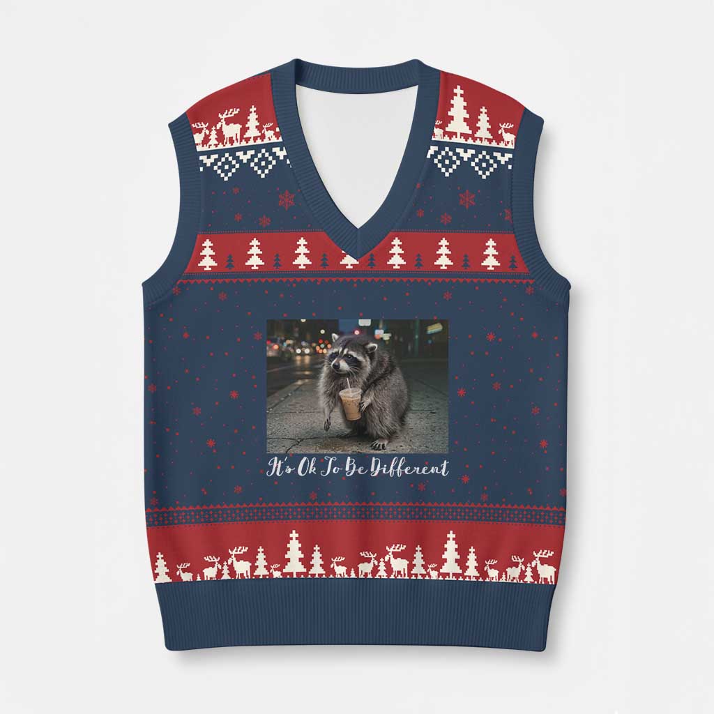 Its Ok To Be Different Jimothy Raccoon V-Neck Knit Sweater Vest Funny Short Spine Wildlife