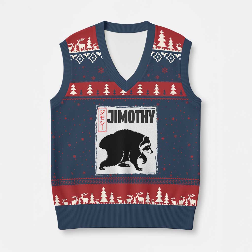 Jimothy The Raccoon V-Neck Knit Sweater Vest Japanese Style Trash Panda Graphic