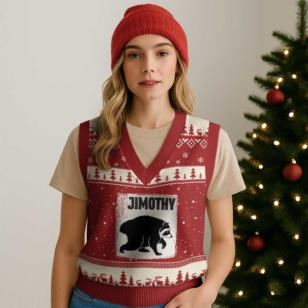 Jimothy The Raccoon V-Neck Knit Sweater Vest Japanese Style Trash Panda Graphic