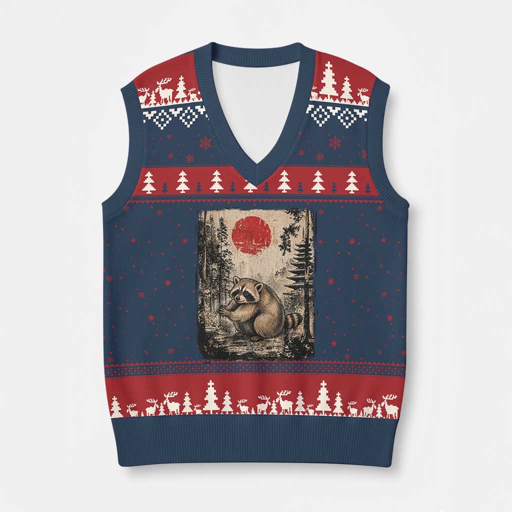 Vintage Japanese Ukiyoe Raccoon V-Neck Knit Sweater Vest Seattle Short Spine Trash Panda