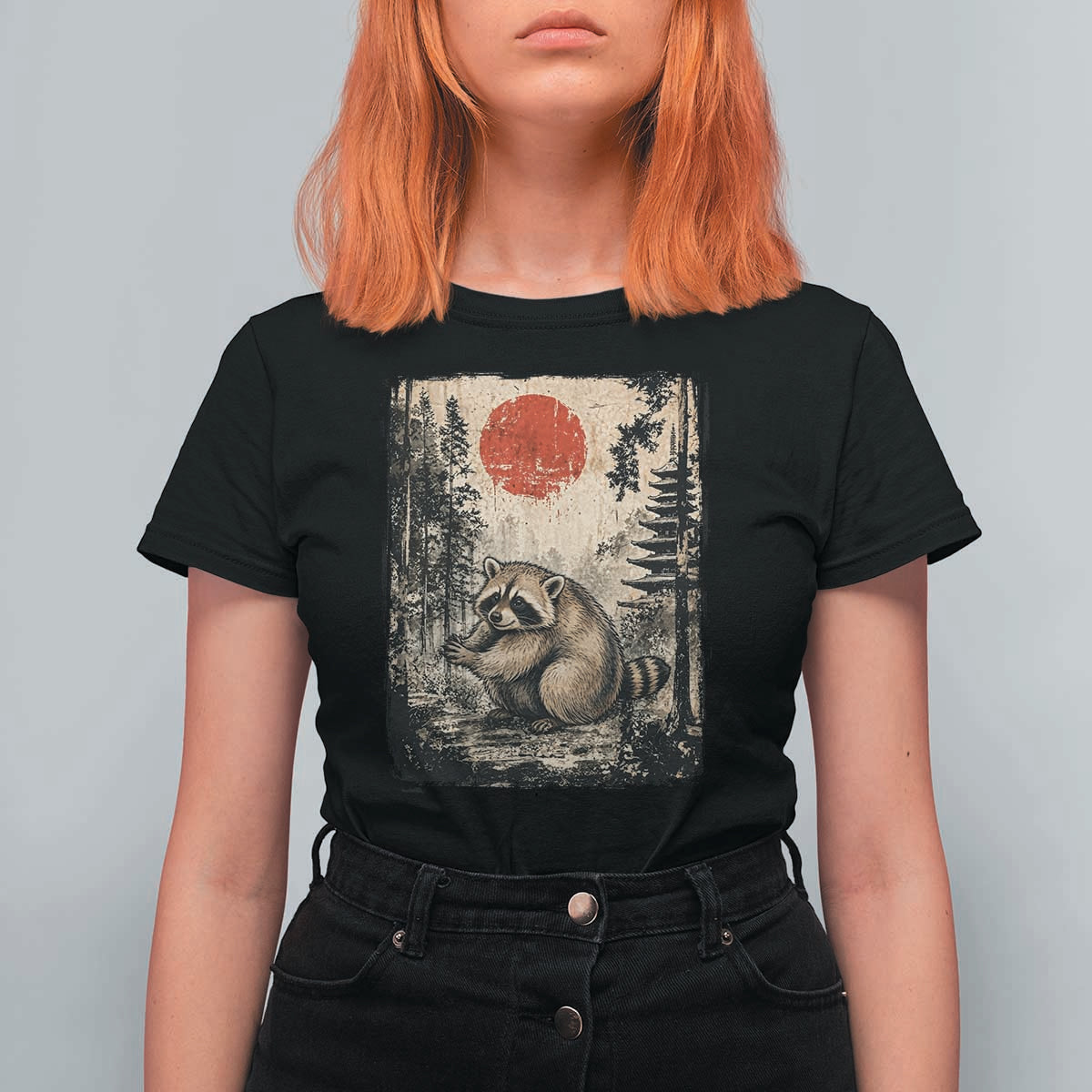 Vintage Japanese Ukiyoe Raccoon T Shirt For Women Seattle Short Spine Trash Panda