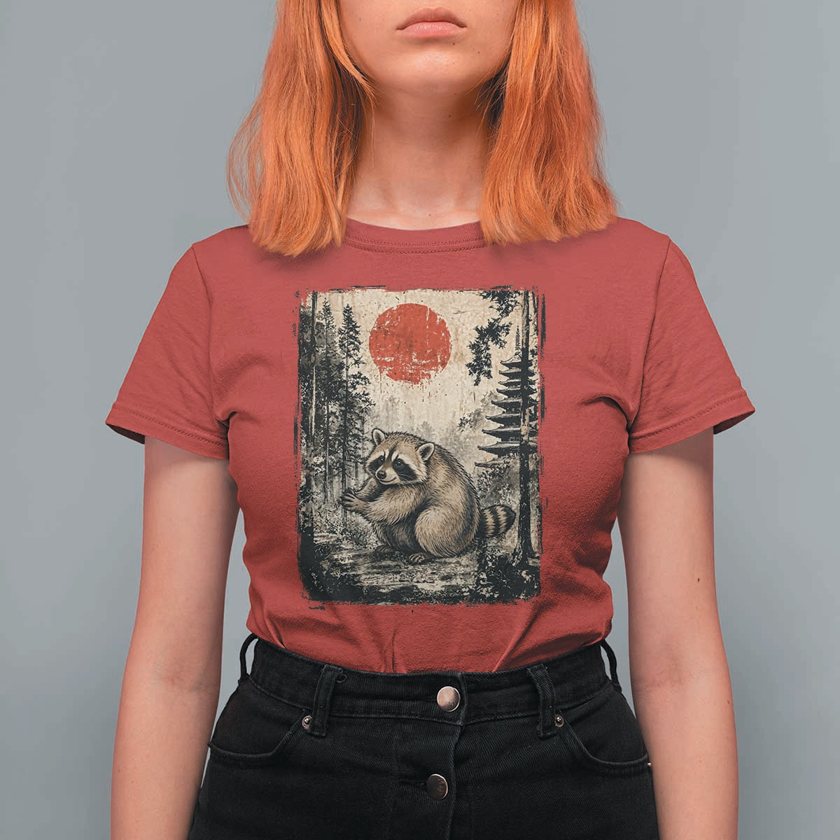 Vintage Japanese Ukiyoe Raccoon T Shirt For Women Seattle Short Spine Trash Panda