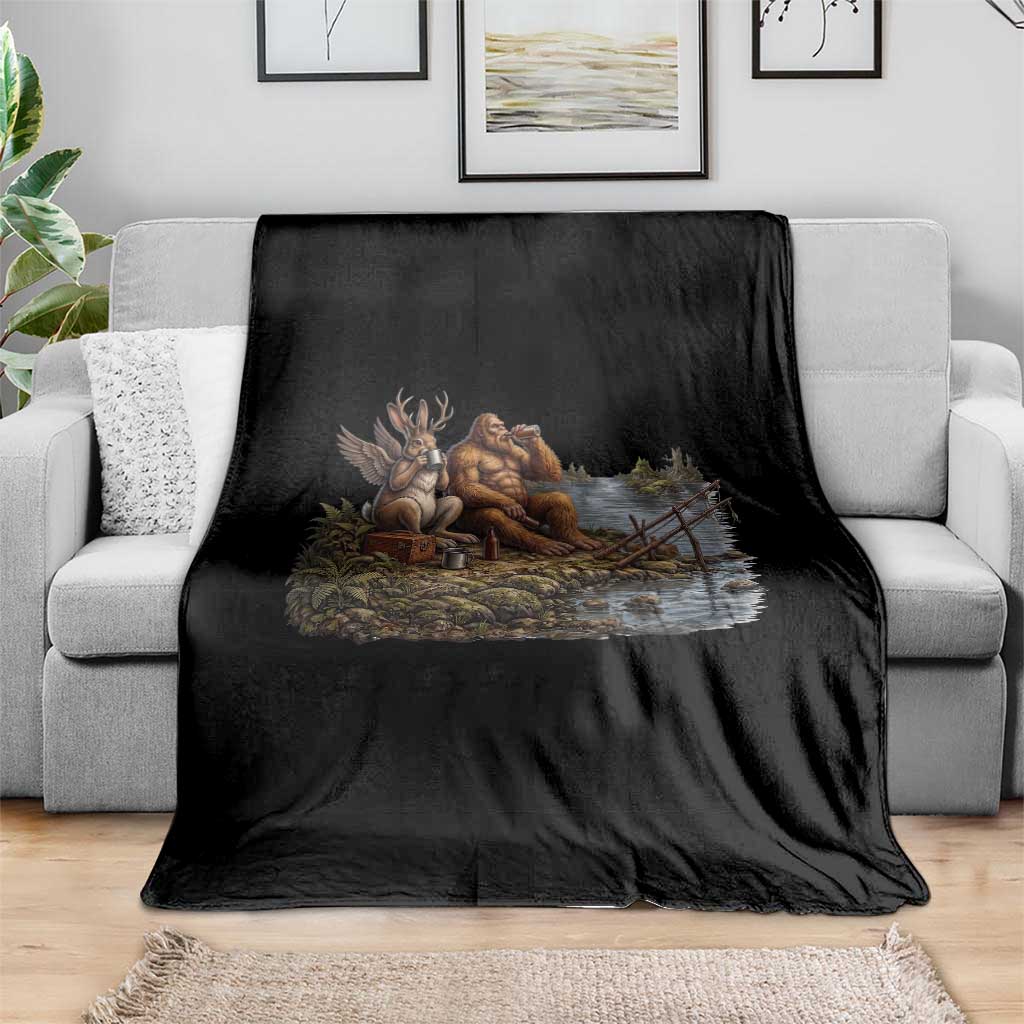 Funny Wolpertinger Bigfoot Fishing Throw Blanket Beer Drinking Cryptid Fisherman Gift