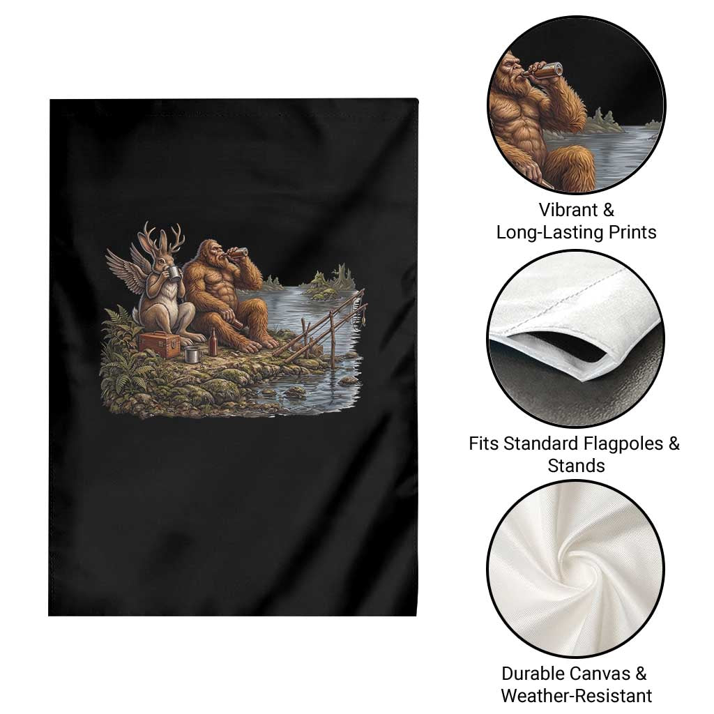 Funny Wolpertinger Bigfoot Fishing Garden Flag Beer Drinking Cryptid Fisherman Gift