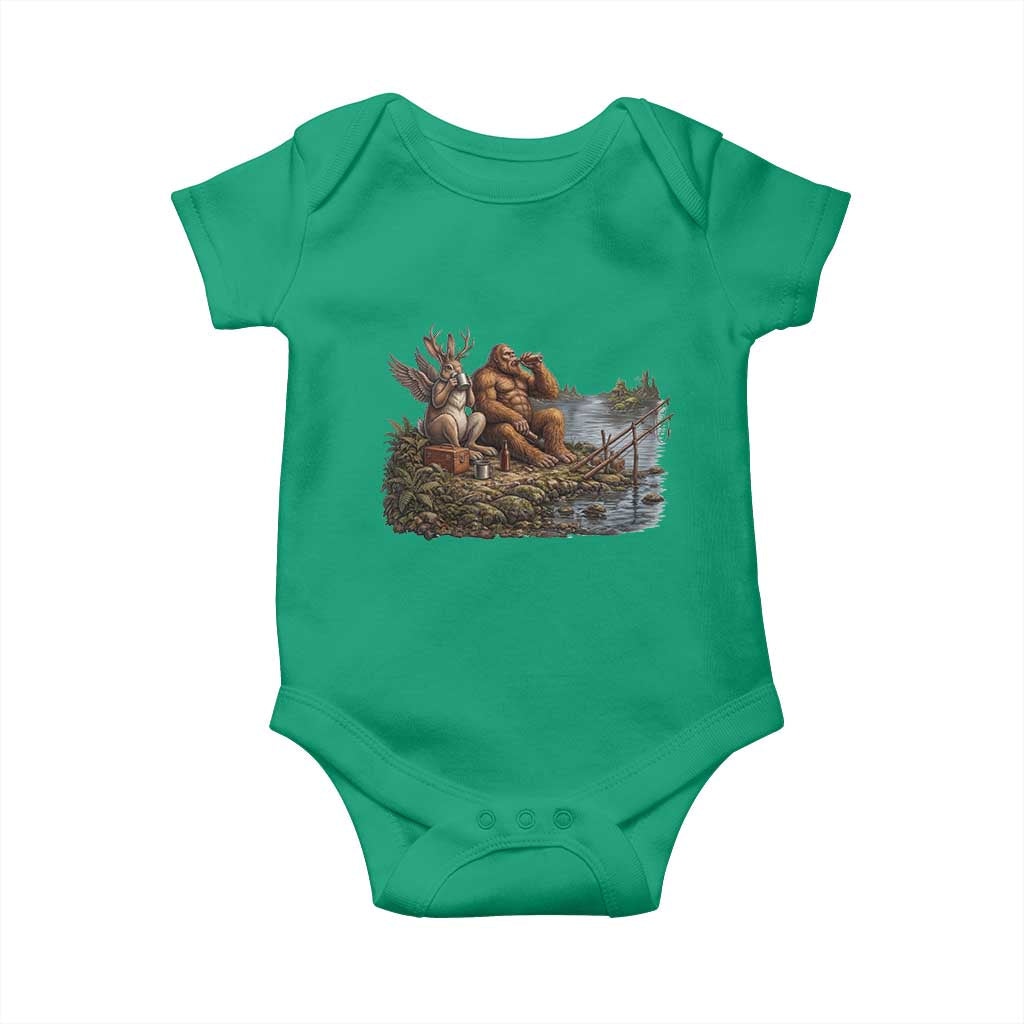Funny Wolpertinger Bigfoot Fishing Baby Onesie Beer Drinking Cryptid Fisherman Gift