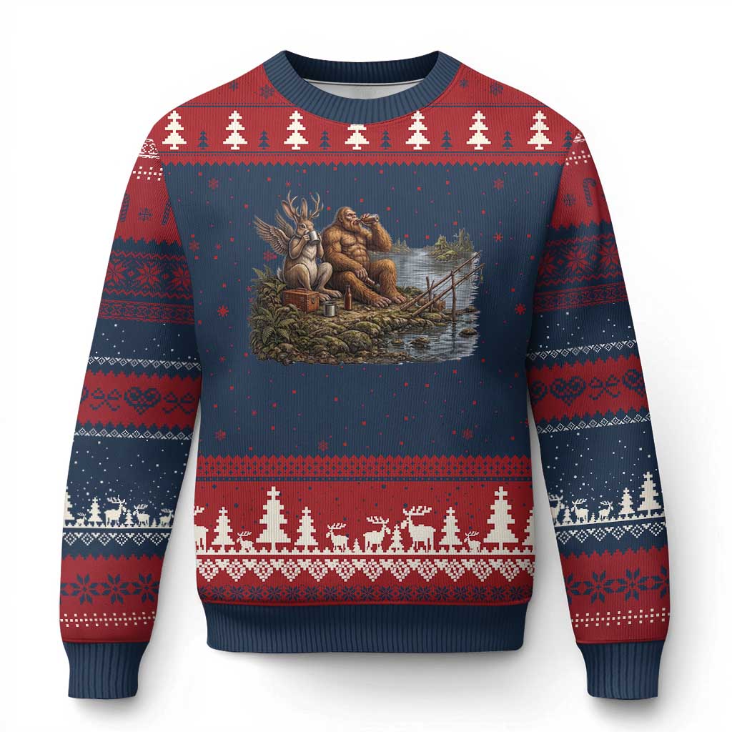 Funny Wolpertinger Bigfoot Fishing Ugly Christmas Sweater Beer Drinking Cryptid Fisherman Gift