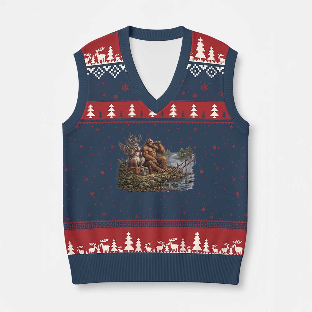 Funny Wolpertinger Bigfoot Fishing V-Neck Knit Sweater Vest Beer Drinking Cryptid Fisherman Gift