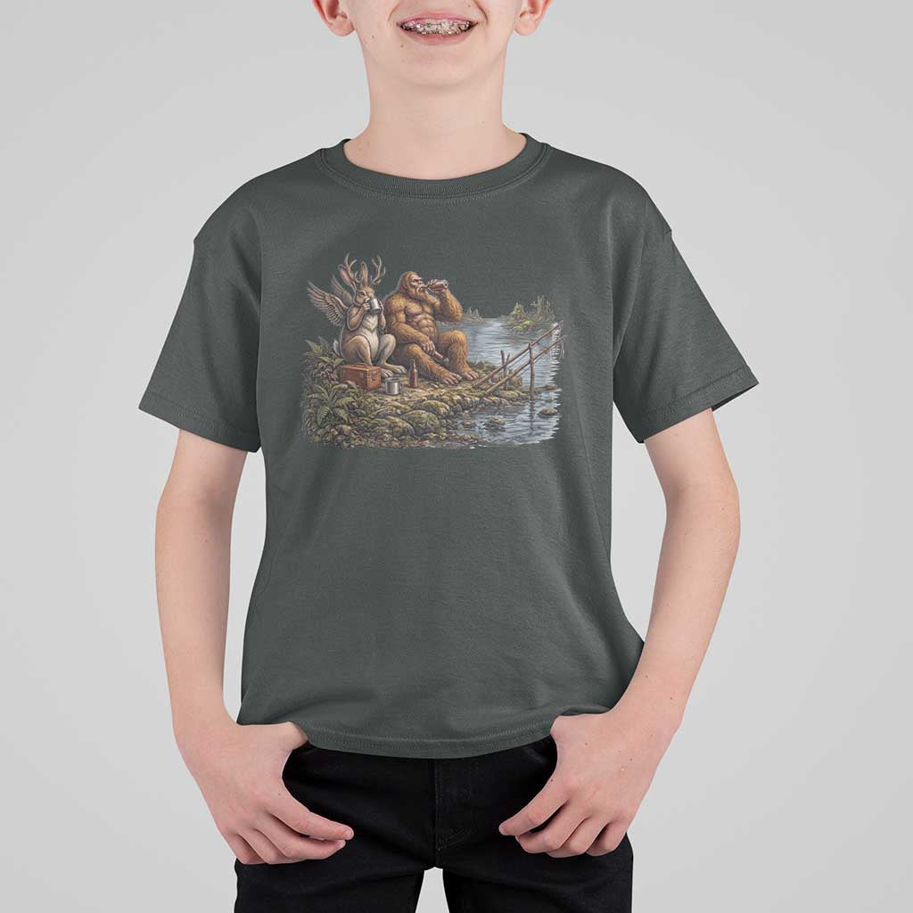 Funny Wolpertinger Bigfoot Fishing T Shirt For Kid Beer Drinking Cryptid Fisherman Gift