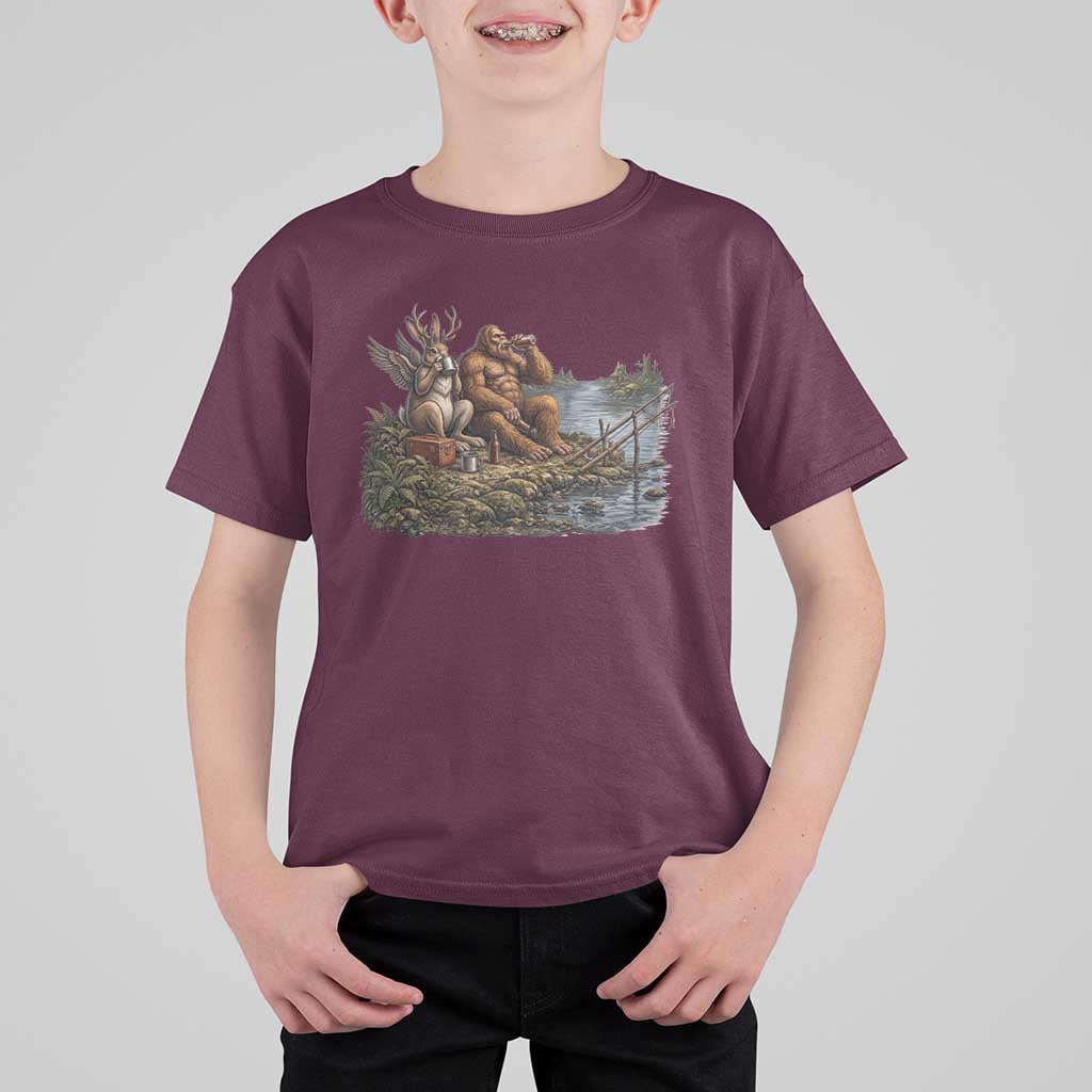 Funny Wolpertinger Bigfoot Fishing T Shirt For Kid Beer Drinking Cryptid Fisherman Gift