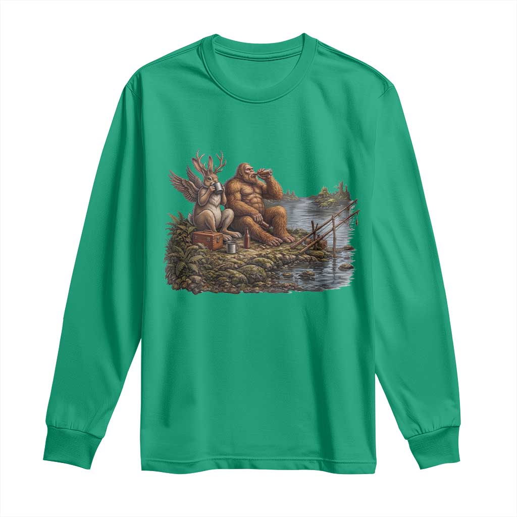 Funny Wolpertinger Bigfoot Fishing Long Sleeve Shirt Beer Drinking Cryptid Fisherman Gift