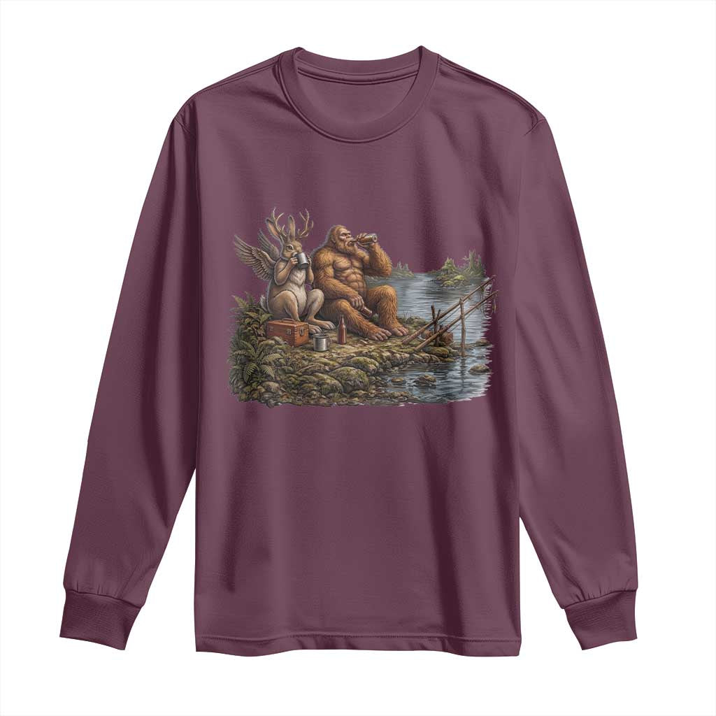 Funny Wolpertinger Bigfoot Fishing Long Sleeve Shirt Beer Drinking Cryptid Fisherman Gift