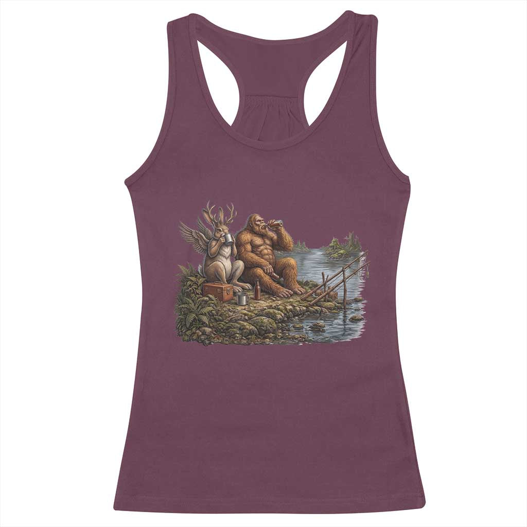 Funny Wolpertinger Bigfoot Fishing Racerback Tank Top Beer Drinking Cryptid Fisherman Gift