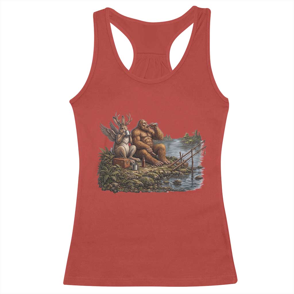 Funny Wolpertinger Bigfoot Fishing Racerback Tank Top Beer Drinking Cryptid Fisherman Gift