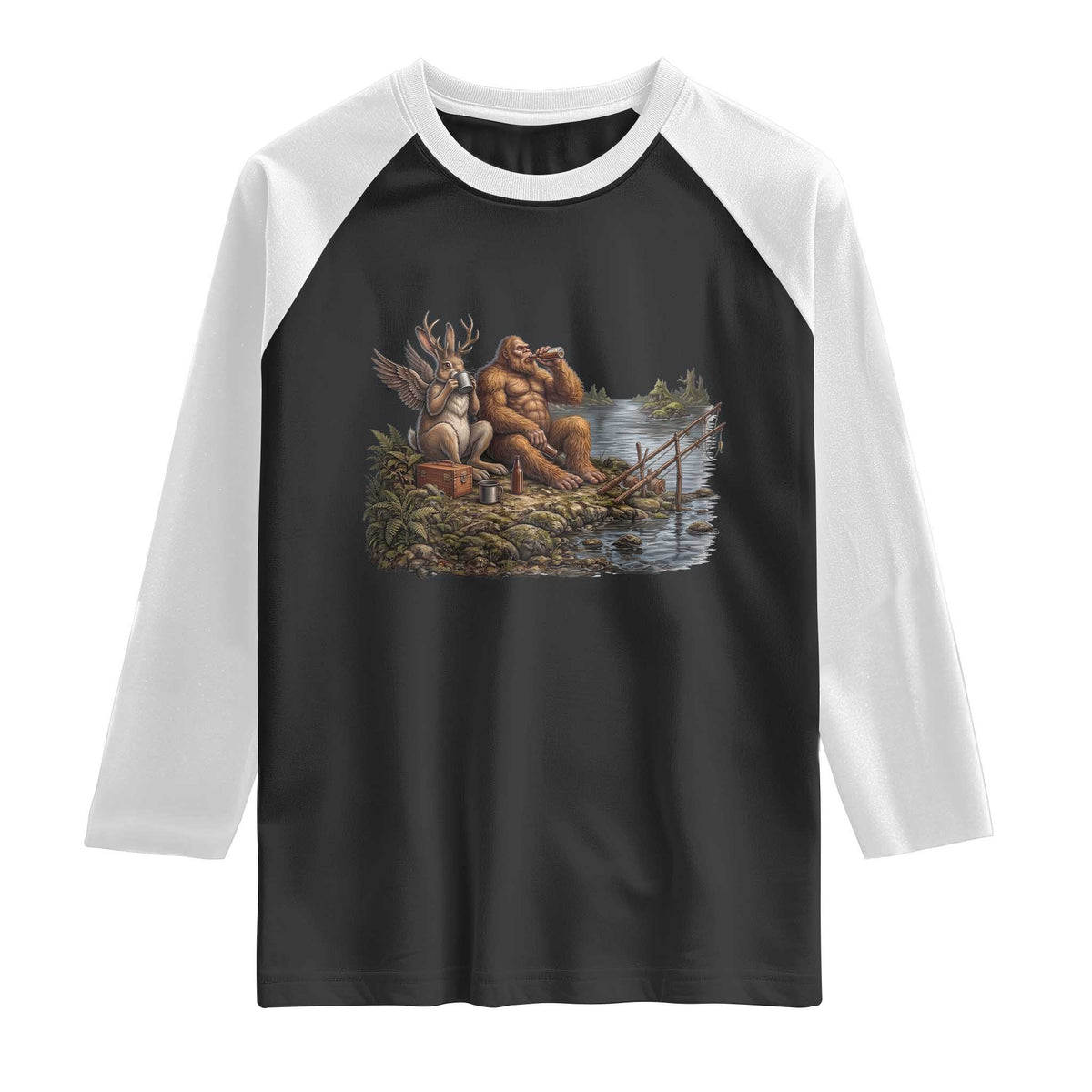 Funny Wolpertinger Bigfoot Fishing Raglan Shirt Beer Drinking Cryptid Fisherman Gift