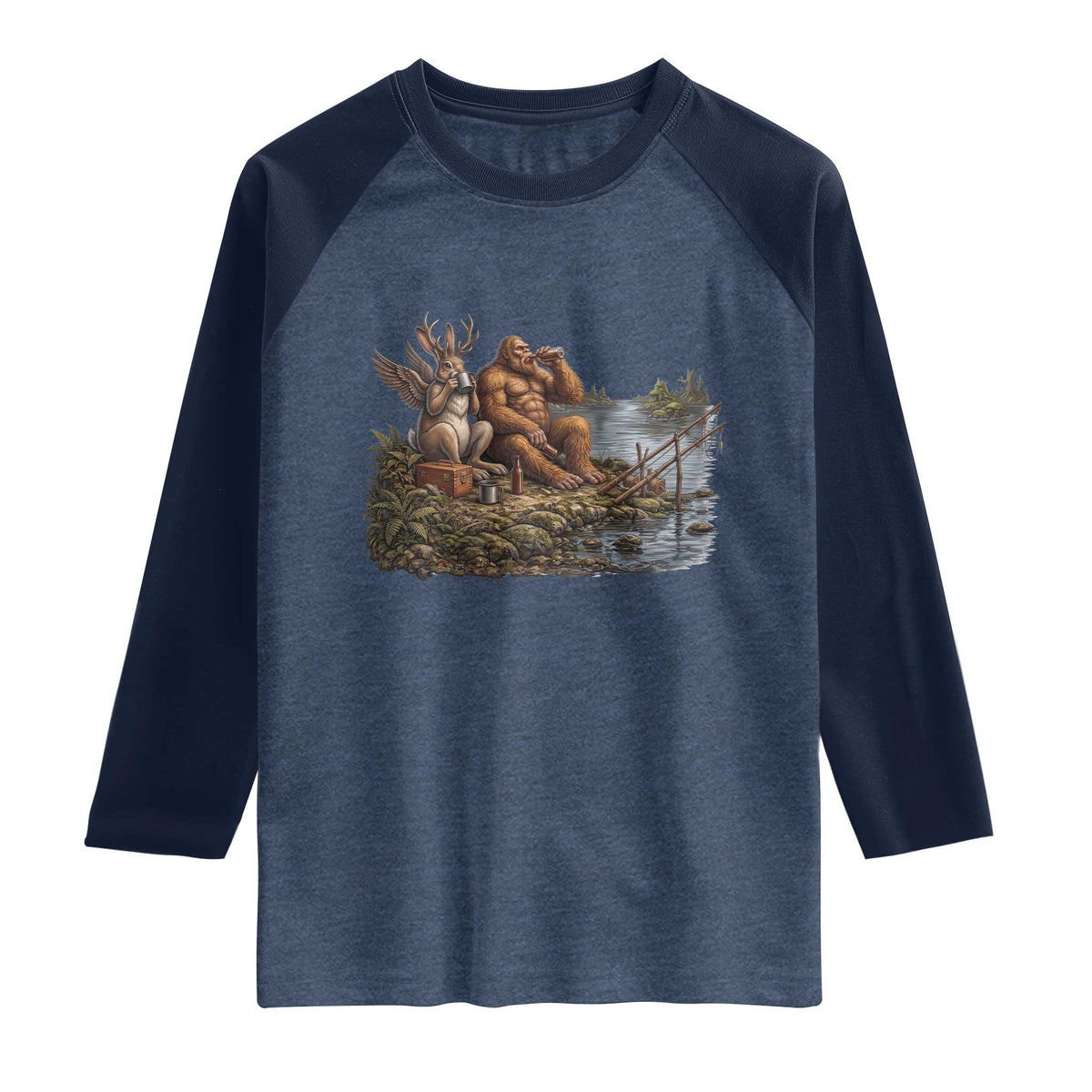 Funny Wolpertinger Bigfoot Fishing Raglan Shirt Beer Drinking Cryptid Fisherman Gift