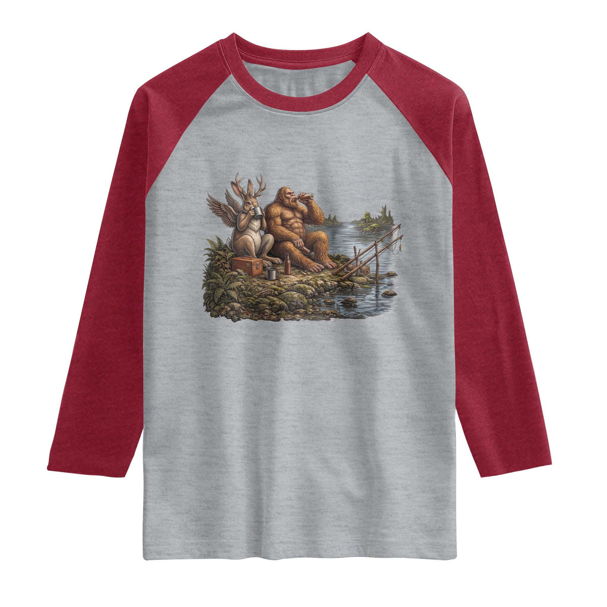 Funny Wolpertinger Bigfoot Fishing Raglan Shirt Beer Drinking Cryptid Fisherman Gift