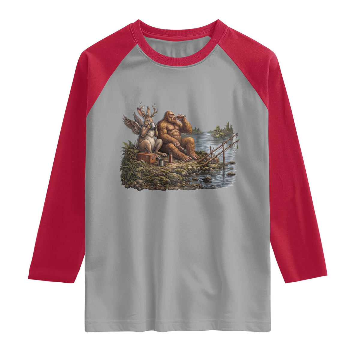 Funny Wolpertinger Bigfoot Fishing Raglan Shirt Beer Drinking Cryptid Fisherman Gift