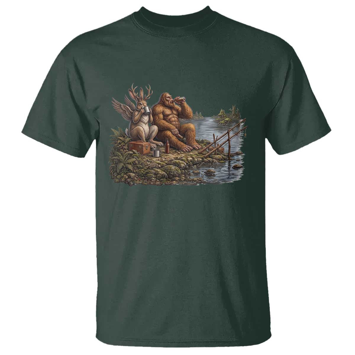 Funny Wolpertinger Bigfoot Fishing T Shirt Beer Drinking Cryptid Fisherman Gift