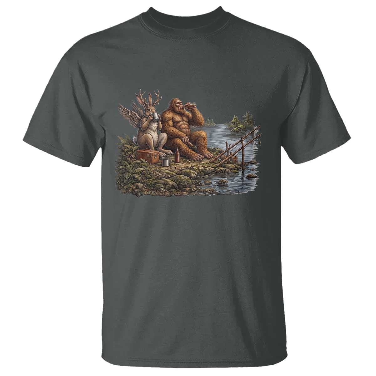 Funny Wolpertinger Bigfoot Fishing T Shirt Beer Drinking Cryptid Fisherman Gift