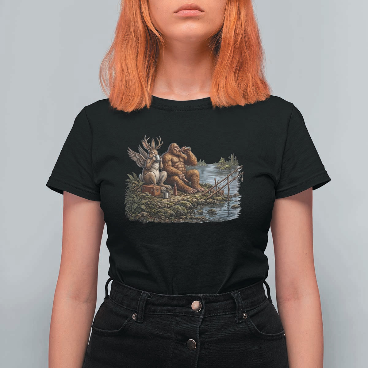 Funny Wolpertinger Bigfoot Fishing T Shirt For Women Beer Drinking Cryptid Fisherman Gift