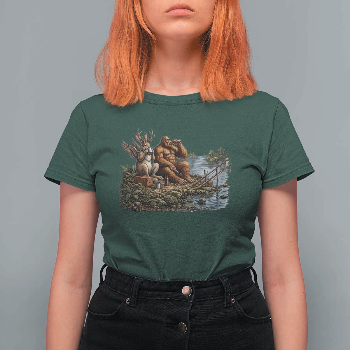 Funny Wolpertinger Bigfoot Fishing T Shirt For Women Beer Drinking Cryptid Fisherman Gift