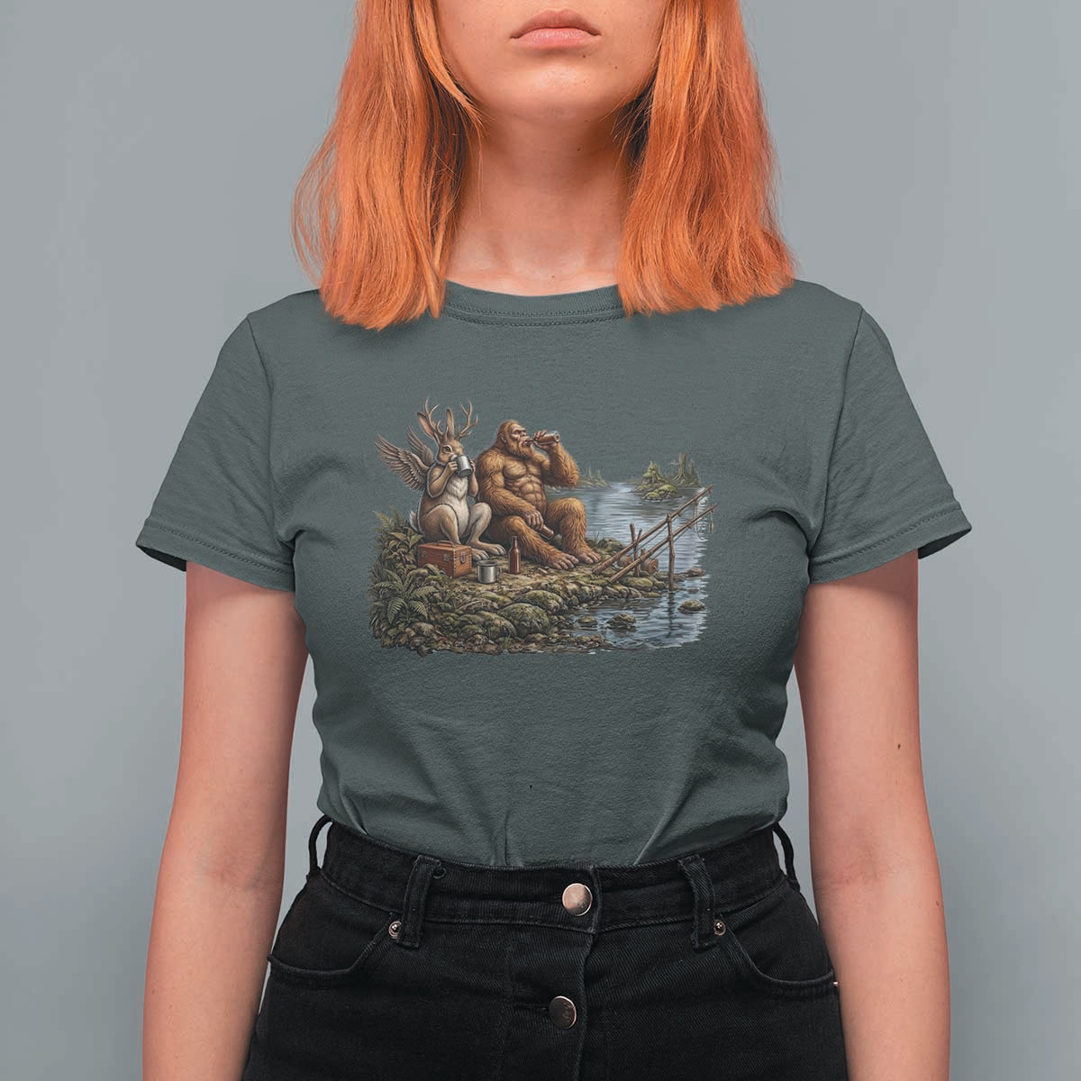 Funny Wolpertinger Bigfoot Fishing T Shirt For Women Beer Drinking Cryptid Fisherman Gift
