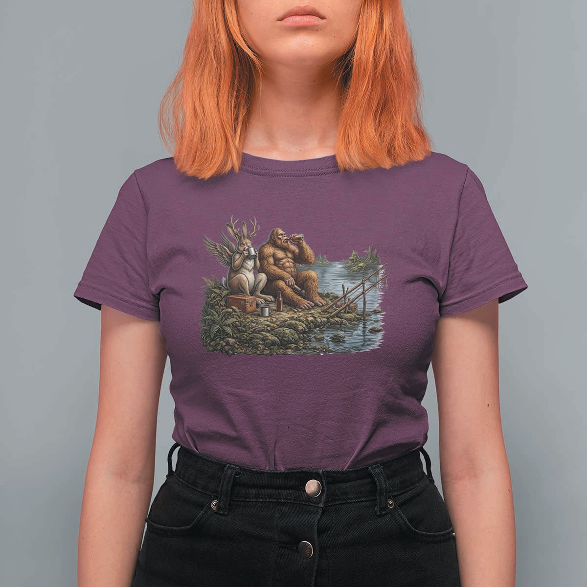 Funny Wolpertinger Bigfoot Fishing T Shirt For Women Beer Drinking Cryptid Fisherman Gift