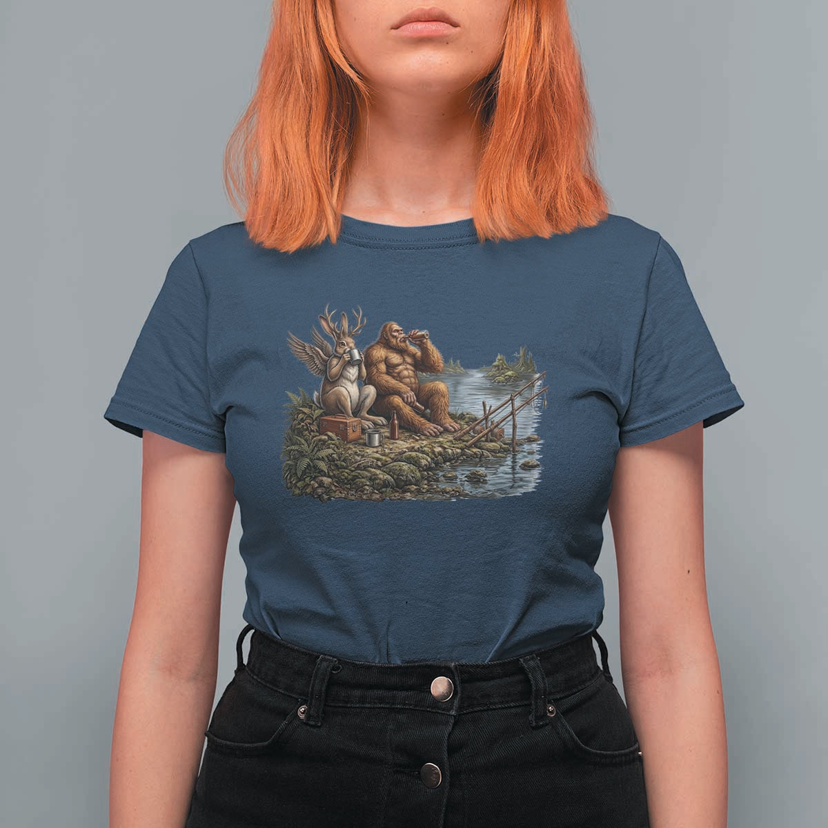 Funny Wolpertinger Bigfoot Fishing T Shirt For Women Beer Drinking Cryptid Fisherman Gift
