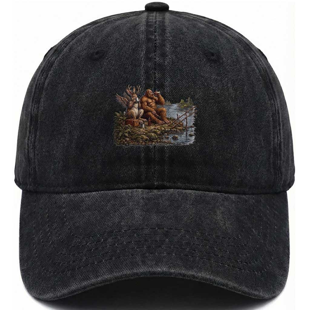 Funny Wolpertinger Bigfoot Fishing Washed Cotton Baseball Cap Beer Drinking Cryptid Fisherman Gift
