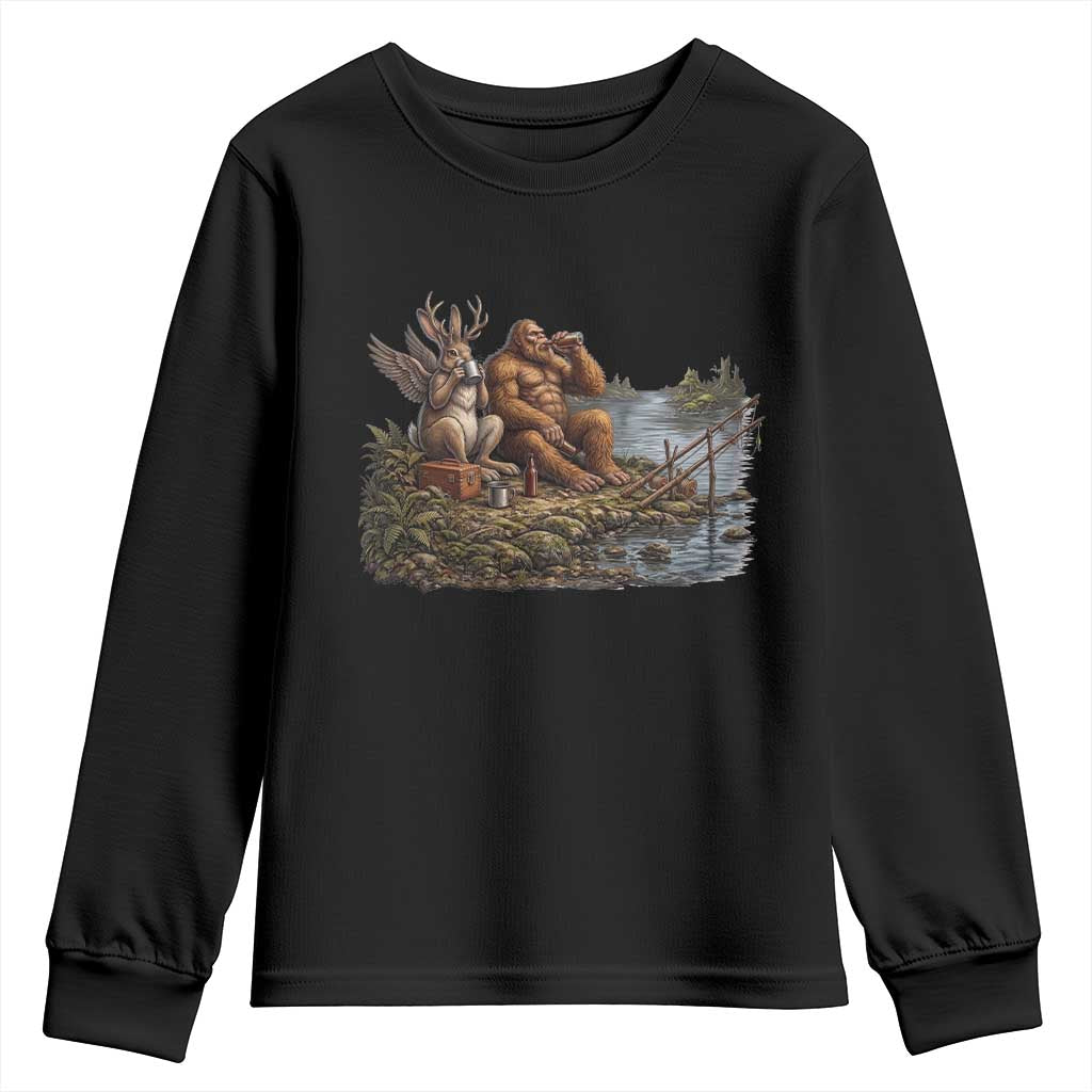 Funny Wolpertinger Bigfoot Fishing Youth Sweatshirt Beer Drinking Cryptid Fisherman Gift
