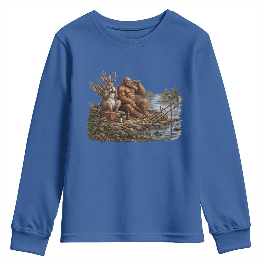 Funny Wolpertinger Bigfoot Fishing Youth Sweatshirt Beer Drinking Cryptid Fisherman Gift