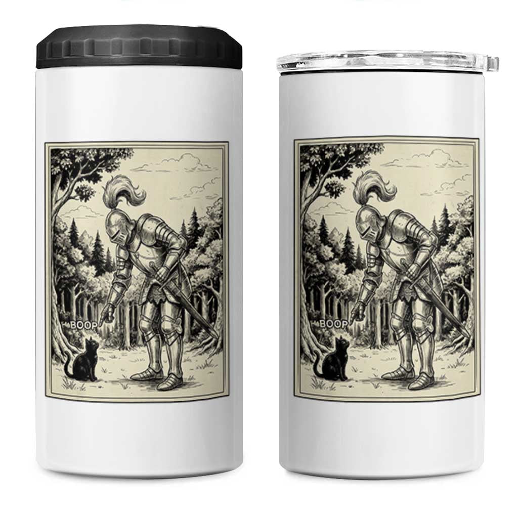 Funny Medieval Knight Boop Black Cat 4 in 1 Can Cooler Tumbler Renaissance Fantasy Cat Lover