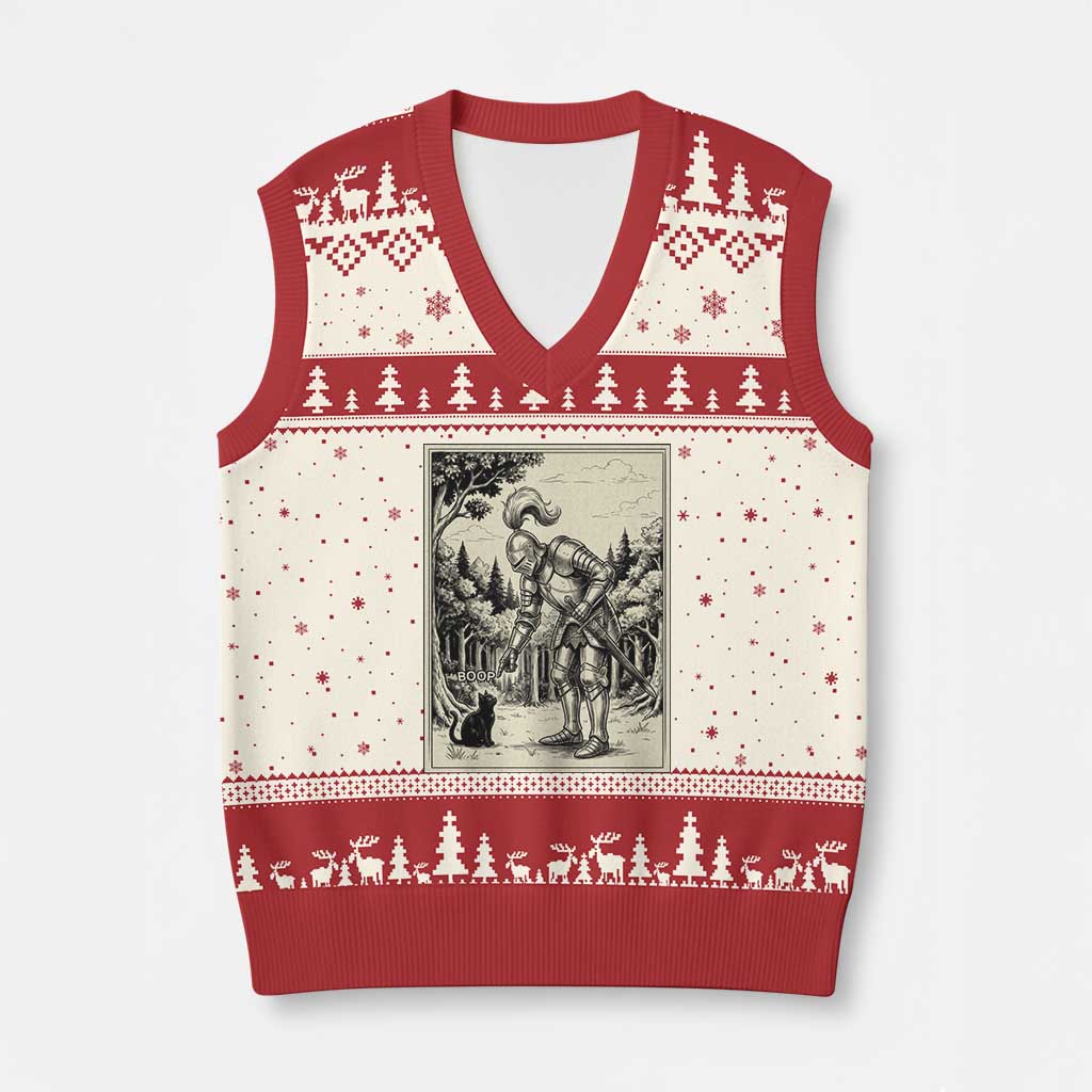 Funny Medieval Knight Boop Black Cat V-Neck Knit Sweater Vest Renaissance Fantasy Cat Lover