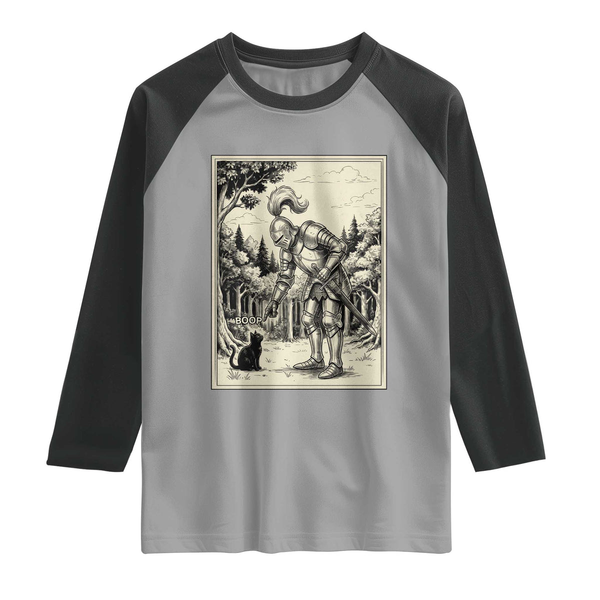 Funny Medieval Knight Boop Black Cat Raglan Shirt Renaissance Fantasy Cat Lover