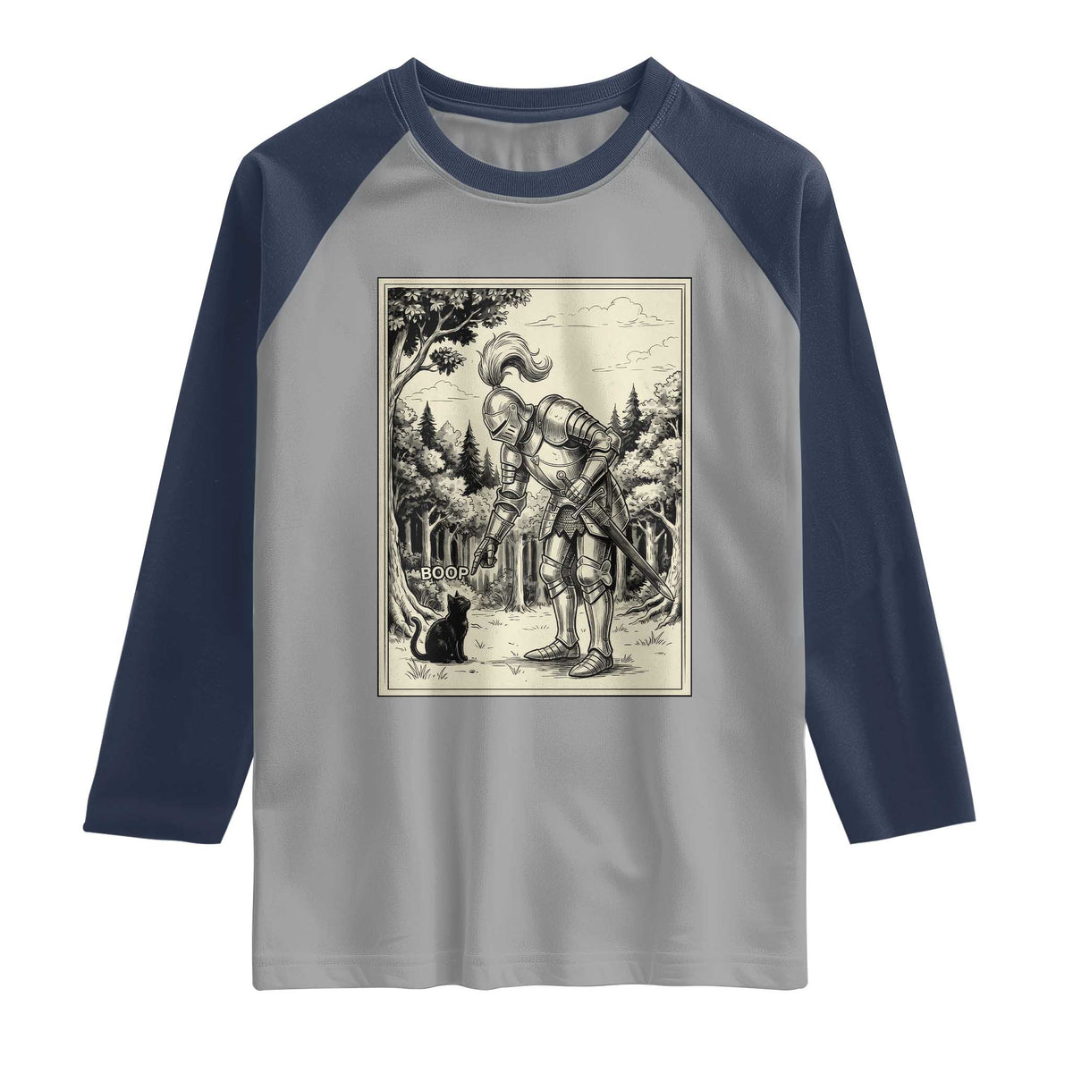 Funny Medieval Knight Boop Black Cat Raglan Shirt Renaissance Fantasy Cat Lover